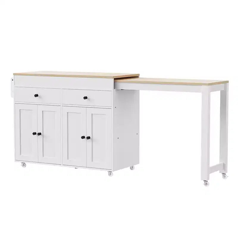 Îlot de cuisine avec table à manger extensible, îlot de cuisine roulant sur roulettes avec 2 tiroirs, chariot de rangement de cuisine avec armoire à 4 portes