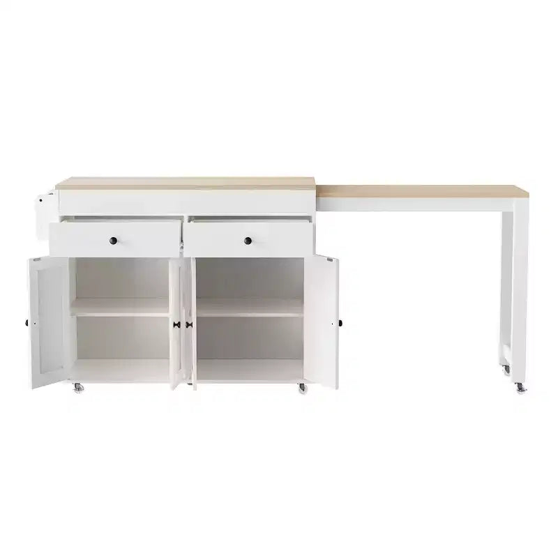 Îlot de cuisine avec table à manger extensible, îlot de cuisine roulant sur roulettes avec 2 tiroirs, chariot de rangement de cuisine avec armoire à 4 portes