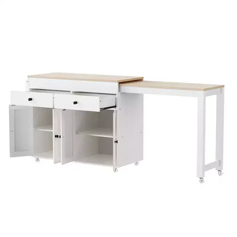 Îlot de cuisine avec table à manger extensible, îlot de cuisine roulant sur roulettes avec 2 tiroirs, chariot de rangement de cuisine avec armoire à 4 portes