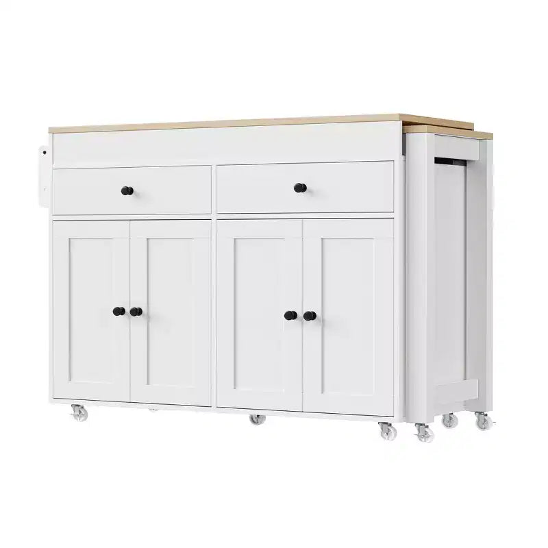 Îlot de cuisine avec table à manger extensible, îlot de cuisine roulant sur roulettes avec 2 tiroirs, chariot de rangement de cuisine avec armoire à 4 portes
