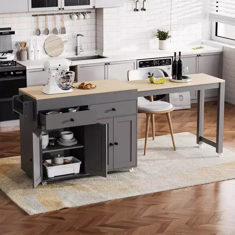 Îlot de cuisine avec table à manger extensible, îlot de cuisine roulant sur roulettes avec 2 tiroirs, chariot de rangement de cuisine avec armoire à 4 portes