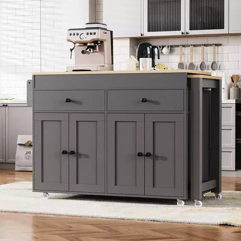 Îlot de cuisine avec table à manger extensible, îlot de cuisine roulant sur roulettes avec 2 tiroirs, chariot de rangement de cuisine avec armoire à 4 portes