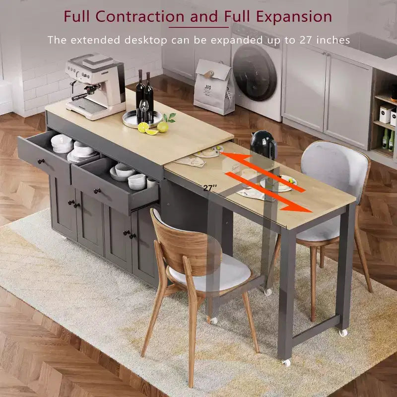 Îlot de cuisine avec table à manger extensible, îlot de cuisine roulant sur roulettes avec 2 tiroirs, chariot de rangement de cuisine avec armoire à 4 portes
