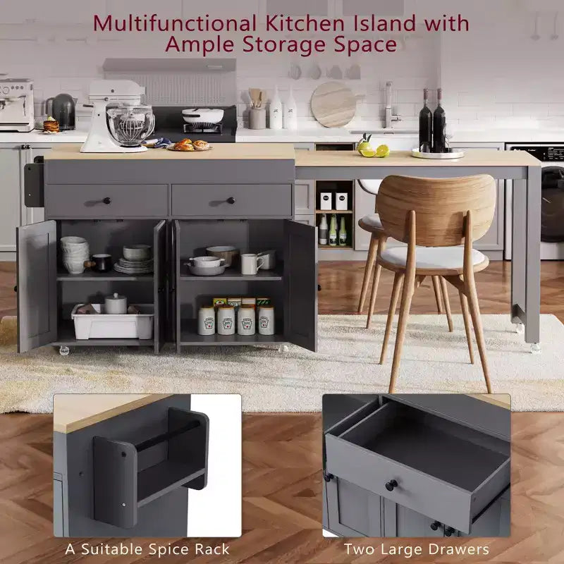 Îlot de cuisine avec table à manger extensible, îlot de cuisine roulant sur roulettes avec 2 tiroirs, chariot de rangement de cuisine avec armoire à 4 portes