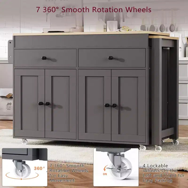Îlot de cuisine avec table à manger extensible, îlot de cuisine roulant sur roulettes avec 2 tiroirs, chariot de rangement de cuisine avec armoire à 4 portes