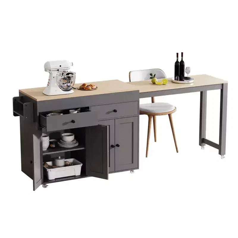 Îlot de cuisine avec table à manger extensible, îlot de cuisine roulant sur roulettes avec 2 tiroirs, chariot de rangement de cuisine avec armoire à 4 portes