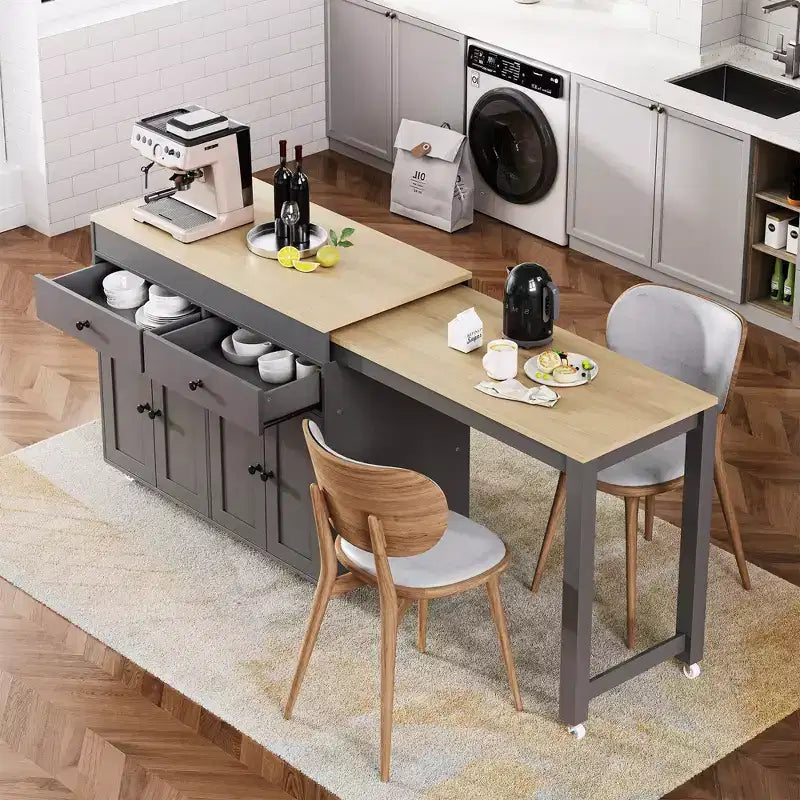 Kitchen Island with Extendable Dining Table, Rolling Kitchen Island on Wheels with 2 Drawers, Kitchen Storage Cart with 4 Door Cabinet
