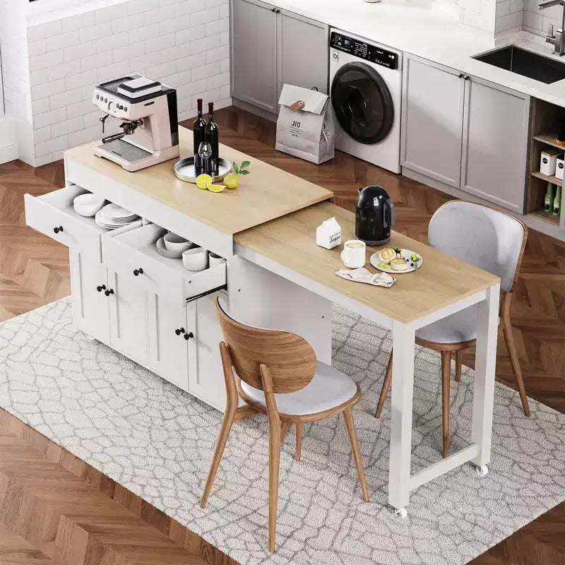Îlot de cuisine avec table à manger extensible, îlot de cuisine roulant sur roulettes avec 2 tiroirs, chariot de rangement de cuisine avec armoire à 4 portes