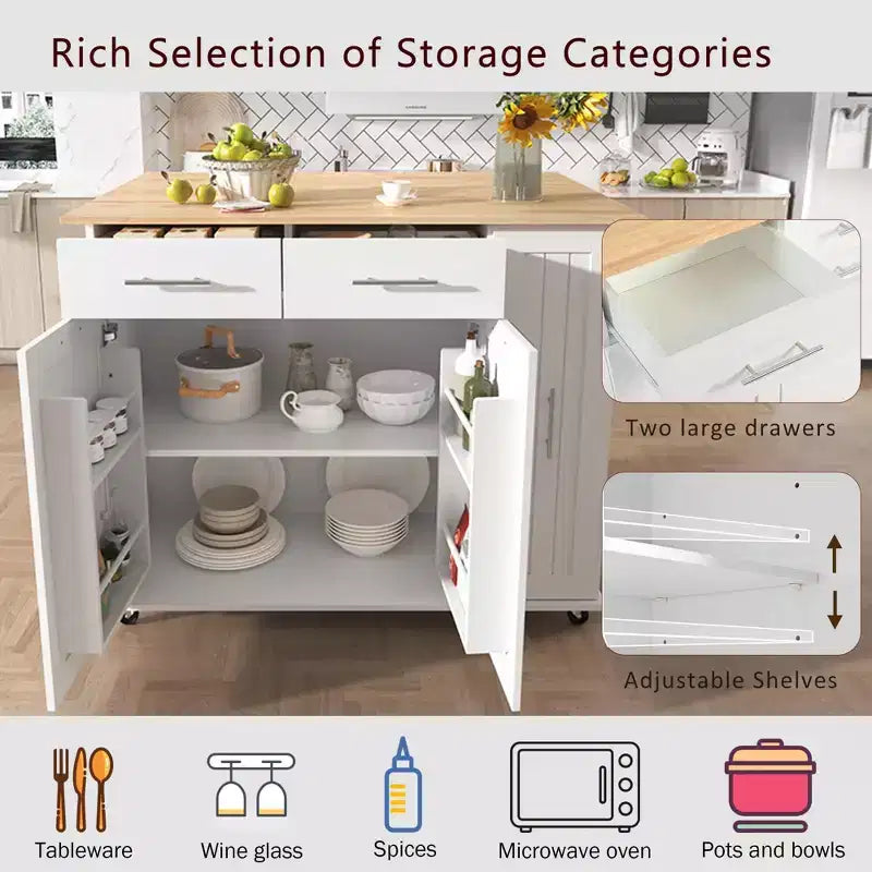 Îlot de cuisine avec abattant, Desserte de rangement de cuisine avec organisateur de meuble coulissant et étagère de rangement, Desserte de cuisine roulante sur roulettes avec tiroirs
