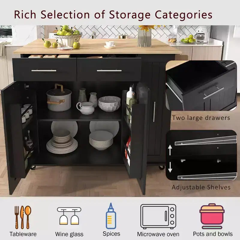 Îlot de cuisine avec abattant, Desserte de rangement de cuisine avec organisateur de meuble coulissant et étagère de rangement, Desserte de cuisine roulante sur roulettes avec tiroirs