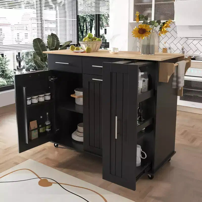 Kitchen Island with Drop Leaf, Kitchen Storage Cart with Pull Out Cabinet Organizer & Storage Rack, Rolling Kitchen Cart on Wheels with Drawers