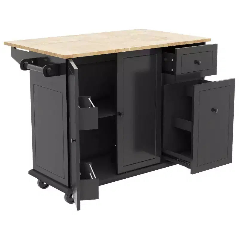 Îlot de cuisine avec abattant et roulettes, chariot de cuisine roulant avec étagère de rangement interne et organisateur d'armoire coulissant à 3 niveaux