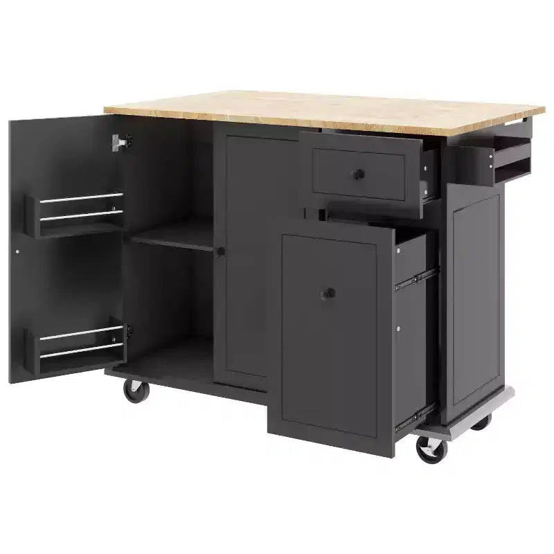 Îlot de cuisine avec abattant et roulettes, chariot de cuisine roulant avec étagère de rangement interne et organisateur d'armoire coulissant à 3 niveaux