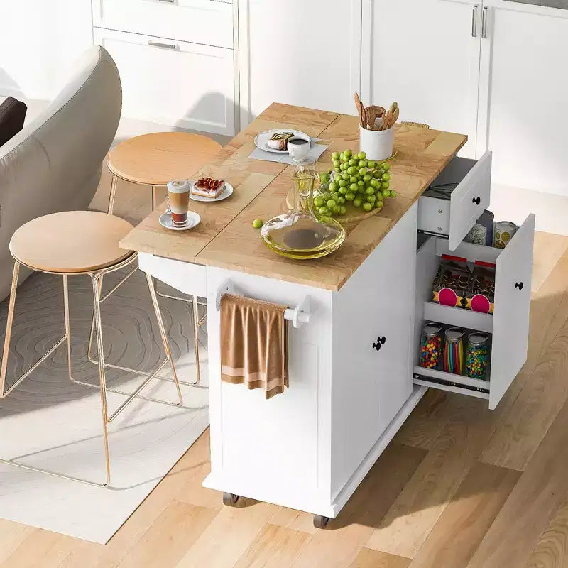 Îlot de cuisine avec abattant et roulettes, chariot de cuisine roulant avec étagère de rangement interne et organisateur d'armoire coulissant à 3 niveaux