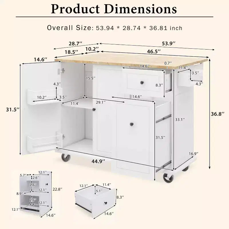 Îlot de cuisine avec abattant et roulettes, chariot de cuisine roulant avec étagère de rangement interne et organisateur d'armoire coulissant à 3 niveaux
