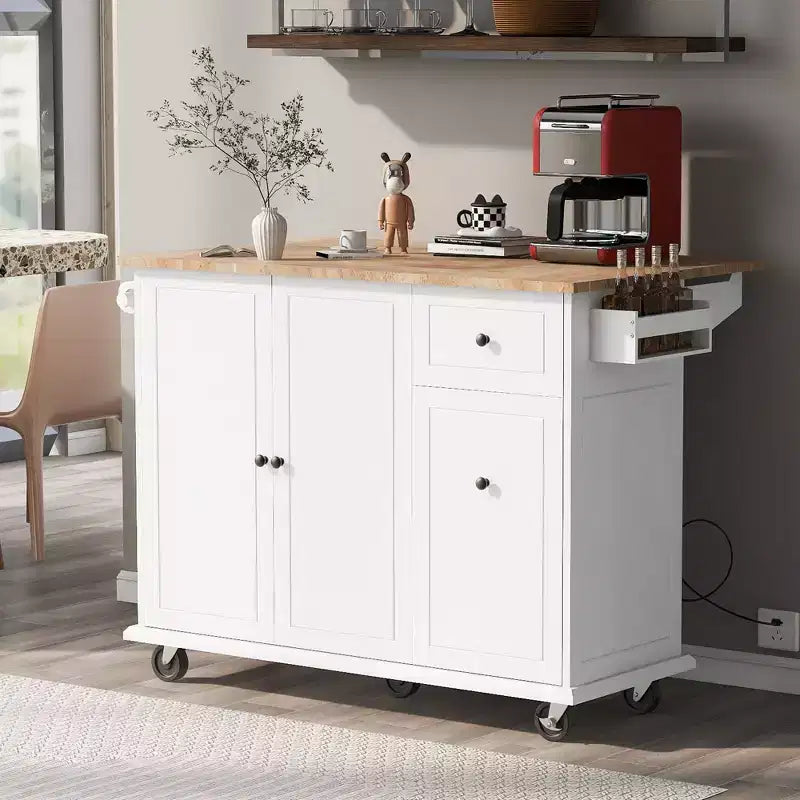 Îlot de cuisine avec abattant et roulettes, chariot de cuisine roulant avec étagère de rangement interne et organisateur d'armoire coulissant à 3 niveaux