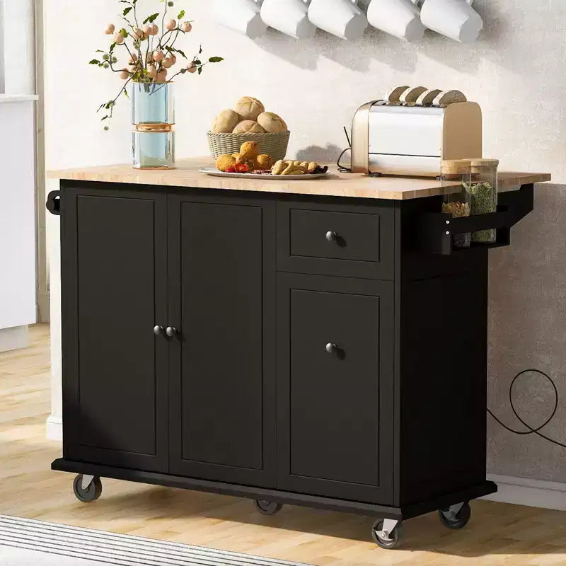 Îlot de cuisine avec abattant et roulettes, chariot de cuisine roulant avec étagère de rangement interne et organisateur d'armoire coulissant à 3 niveaux