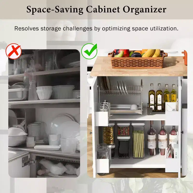 Îlot de cuisine avec abattant et roulettes, chariot de cuisine roulant avec étagère de rangement interne et organisateur d'armoire coulissant à 3 niveaux