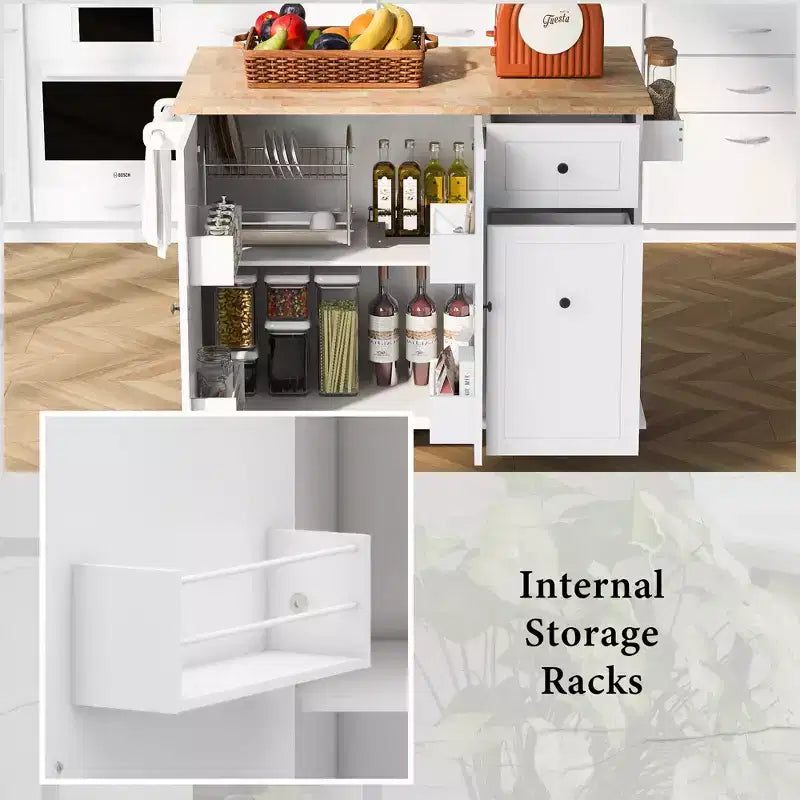 Îlot de cuisine avec abattant et roulettes, chariot de cuisine roulant avec étagère de rangement interne et organisateur d'armoire coulissant à 3 niveaux