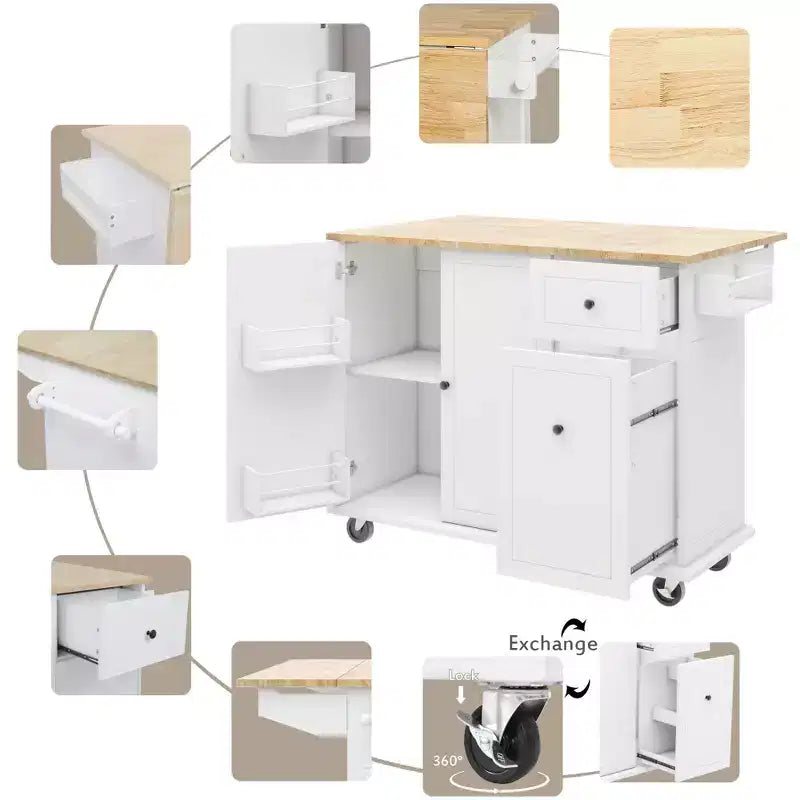 Îlot de cuisine avec abattant et roulettes, chariot de cuisine roulant avec étagère de rangement interne et organisateur d'armoire coulissant à 3 niveaux