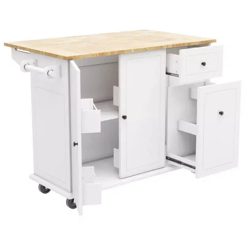 Îlot de cuisine avec abattant et roulettes, chariot de cuisine roulant avec étagère de rangement interne et organisateur d'armoire coulissant à 3 niveaux