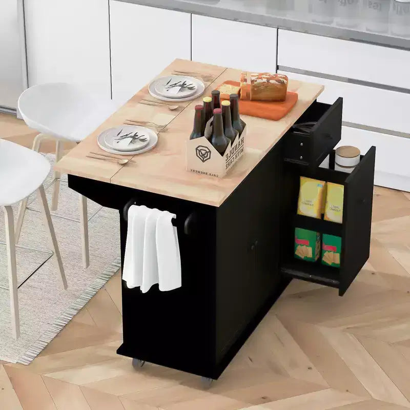 Îlot de cuisine avec abattant et roulettes, chariot de cuisine roulant avec étagère de rangement interne et organisateur d'armoire coulissant à 3 niveaux
