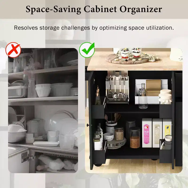 Îlot de cuisine avec abattant et roulettes, chariot de cuisine roulant avec étagère de rangement interne et organisateur d'armoire coulissant à 3 niveaux
