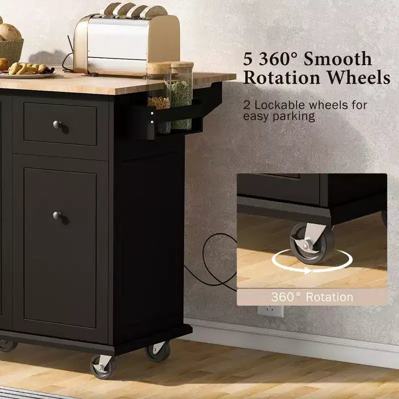 Îlot de cuisine avec abattant et roulettes, chariot de cuisine roulant avec étagère de rangement interne et organisateur d'armoire coulissant à 3 niveaux