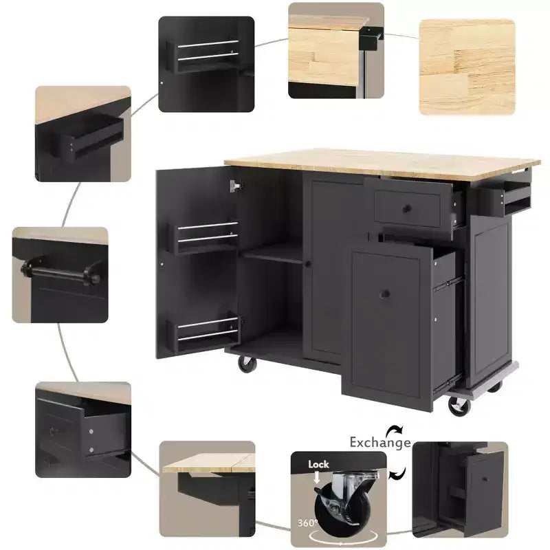 Îlot de cuisine avec abattant et roulettes, chariot de cuisine roulant avec étagère de rangement interne et organisateur d'armoire coulissant à 3 niveaux