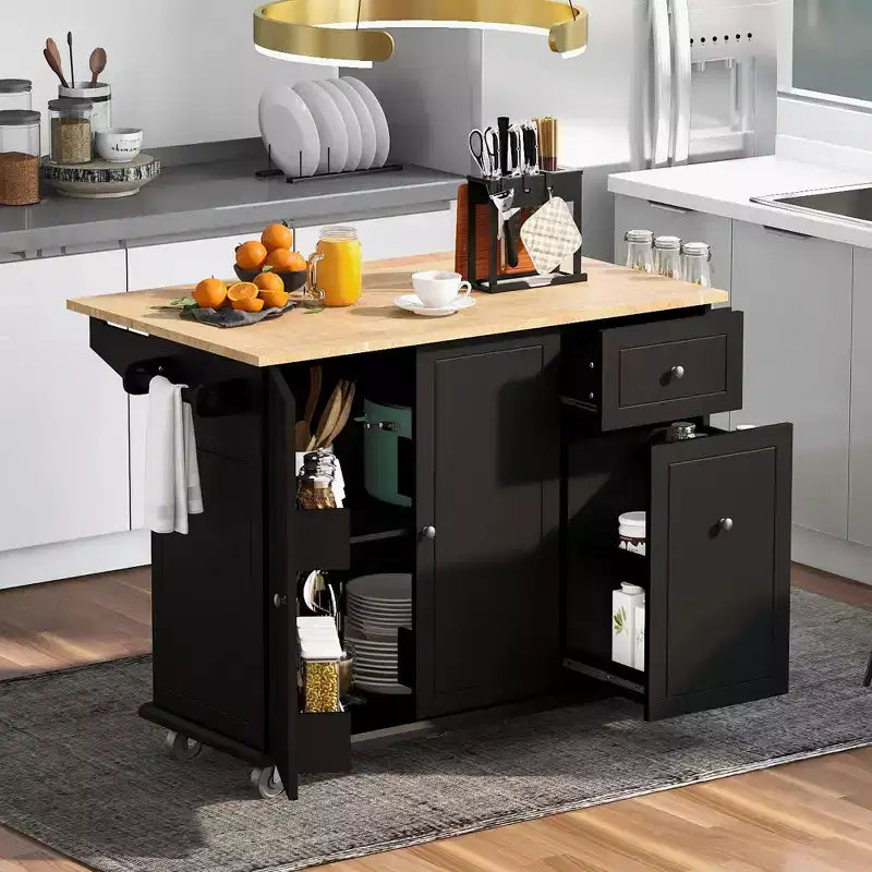 Kitchen Island with Drop Leaf and Wheels, Rolling Kitchen Cart with Internal Storage Rack and 3 Tier Pull Out Cabinet Organizer
