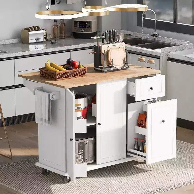 Îlot de cuisine avec abattant et roulettes, chariot de cuisine roulant avec étagère de rangement interne et organisateur d'armoire coulissant à 3 niveaux