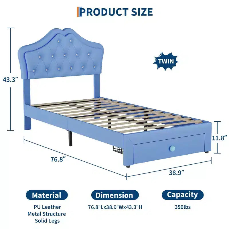 Cadre de lit double avec lumières LED, lit plateforme rembourré avec tiroir de rangement, tête de lit capitonnée en cristal pour enfants, adolescents, lattes anti-bruit