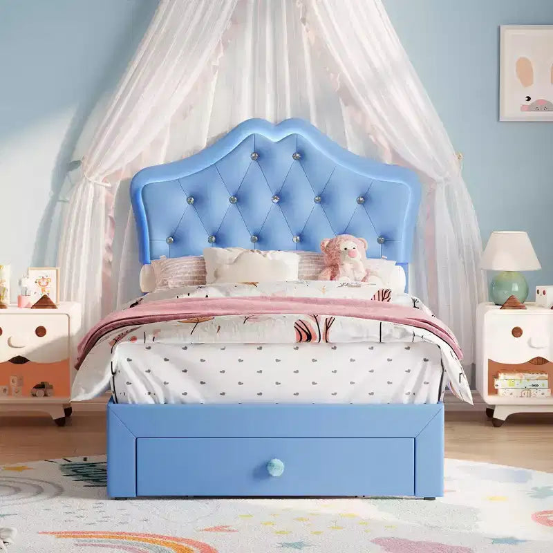 Cadre de lit double avec lumières LED, lit plateforme rembourré avec tiroir de rangement, tête de lit capitonnée en cristal pour enfants, adolescents, lattes anti-bruit