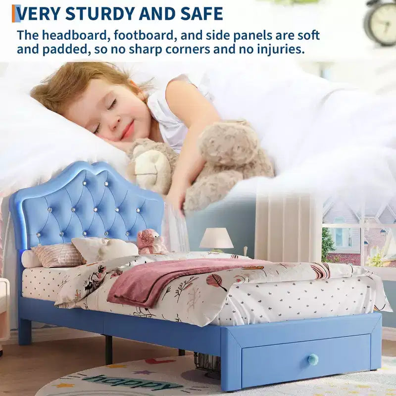 Cadre de lit double avec lumières LED, lit plateforme rembourré avec tiroir de rangement, tête de lit capitonnée en cristal pour enfants, adolescents, lattes anti-bruit