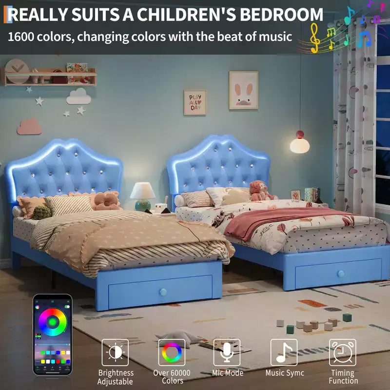 Cadre de lit double avec lumières LED, lit plateforme rembourré avec tiroir de rangement, tête de lit capitonnée en cristal pour enfants, adolescents, lattes anti-bruit