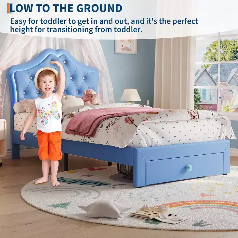 Cadre de lit double avec lumières LED, lit plateforme rembourré avec tiroir de rangement, tête de lit capitonnée en cristal pour enfants, adolescents, lattes anti-bruit