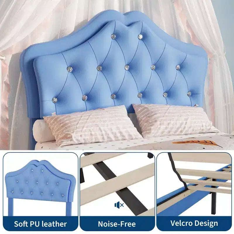 Cadre de lit double avec lumières LED, lit plateforme rembourré avec tiroir de rangement, tête de lit capitonnée en cristal pour enfants, adolescents, lattes anti-bruit