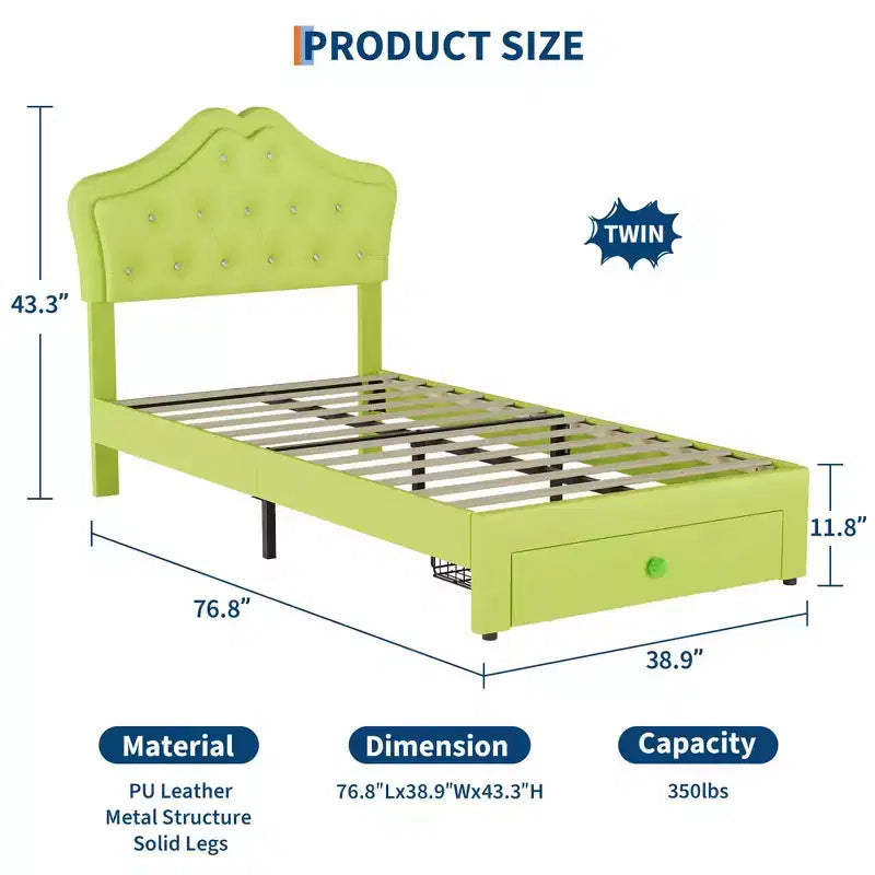 Cadre de lit double avec lumières LED, lit plateforme rembourré avec tiroir de rangement, tête de lit capitonnée en cristal pour enfants, adolescents, lattes anti-bruit