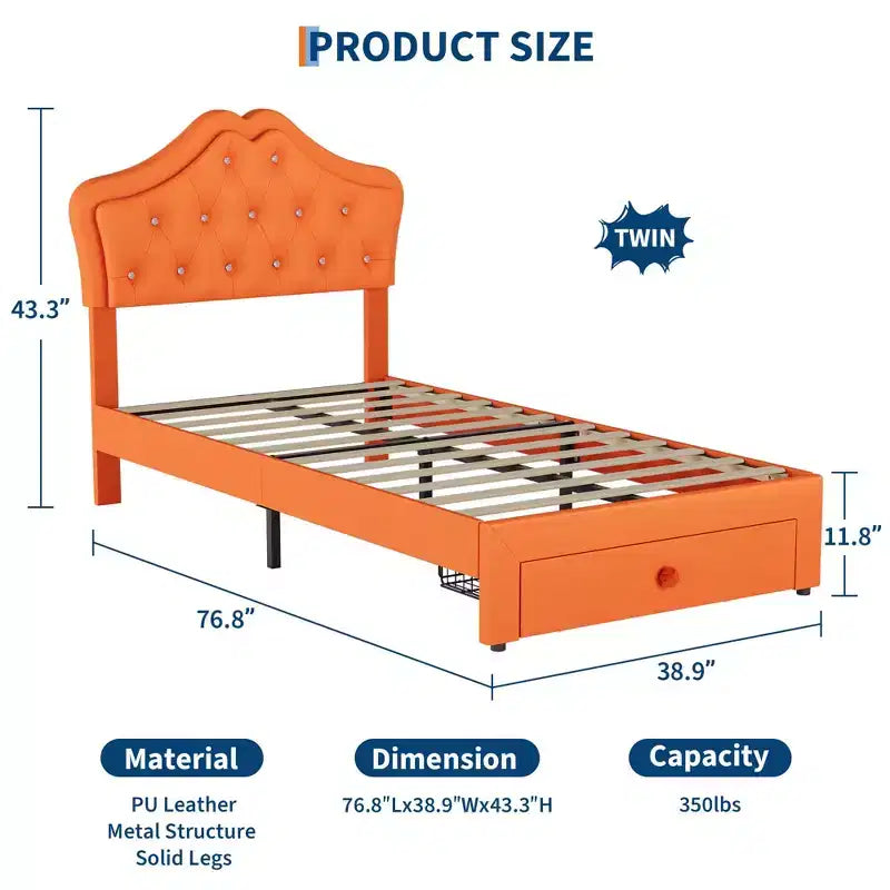 Cadre de lit double avec lumières LED, lit plateforme rembourré avec tiroir de rangement, tête de lit capitonnée en cristal pour enfants, adolescents, lattes anti-bruit