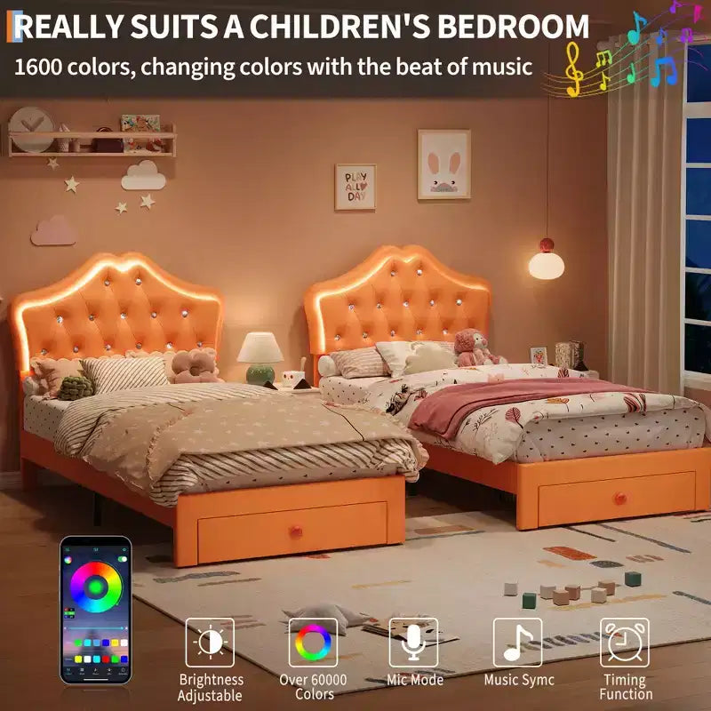 Cadre de lit double avec lumières LED, lit plateforme rembourré avec tiroir de rangement, tête de lit capitonnée en cristal pour enfants, adolescents, lattes anti-bruit