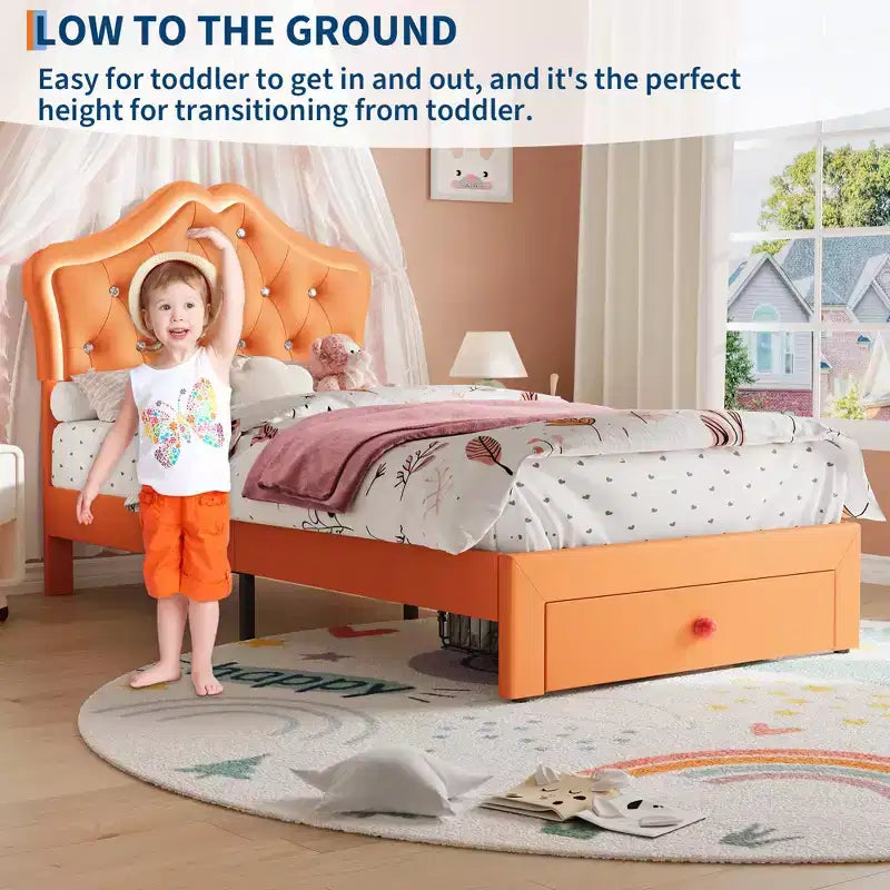 Cadre de lit double avec lumières LED, lit plateforme rembourré avec tiroir de rangement, tête de lit capitonnée en cristal pour enfants, adolescents, lattes anti-bruit