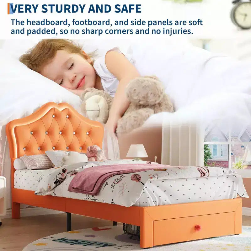 Cadre de lit double avec lumières LED, lit plateforme rembourré avec tiroir de rangement, tête de lit capitonnée en cristal pour enfants, adolescents, lattes anti-bruit