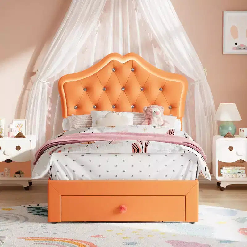 Cadre de lit double avec lumières LED, lit plateforme rembourré avec tiroir de rangement, tête de lit capitonnée en cristal pour enfants, adolescents, lattes anti-bruit