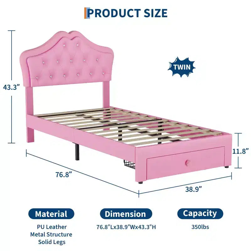Cadre de lit double avec lumières LED, lit plateforme rembourré avec tiroir de rangement, tête de lit capitonnée en cristal pour enfants, adolescents, lattes anti-bruit