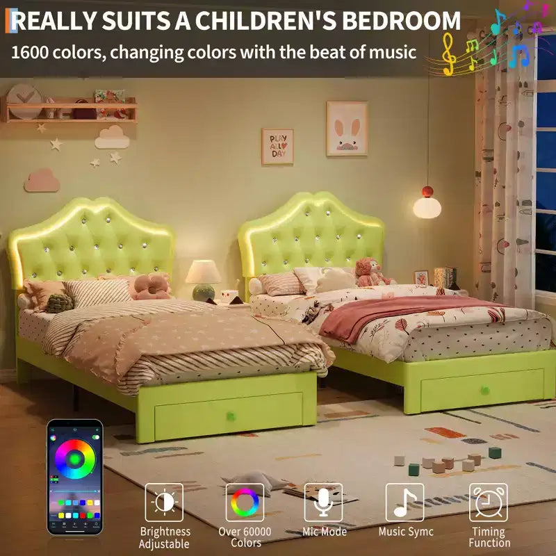 Cadre de lit double avec lumières LED, lit plateforme rembourré avec tiroir de rangement, tête de lit capitonnée en cristal pour enfants, adolescents, lattes anti-bruit