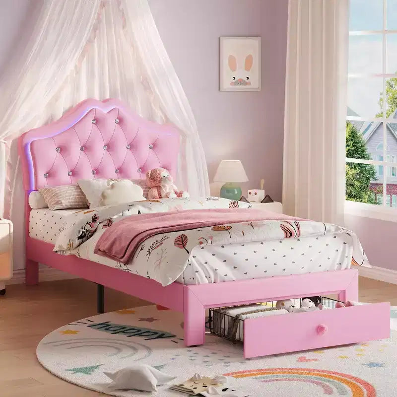 Cadre de lit double avec lumières LED, lit plateforme rembourré avec tiroir de rangement, tête de lit capitonnée en cristal pour enfants, adolescents, lattes anti-bruit
