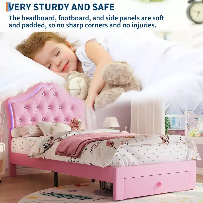 Cadre de lit double avec lumières LED, lit plateforme rembourré avec tiroir de rangement, tête de lit capitonnée en cristal pour enfants, adolescents, lattes anti-bruit