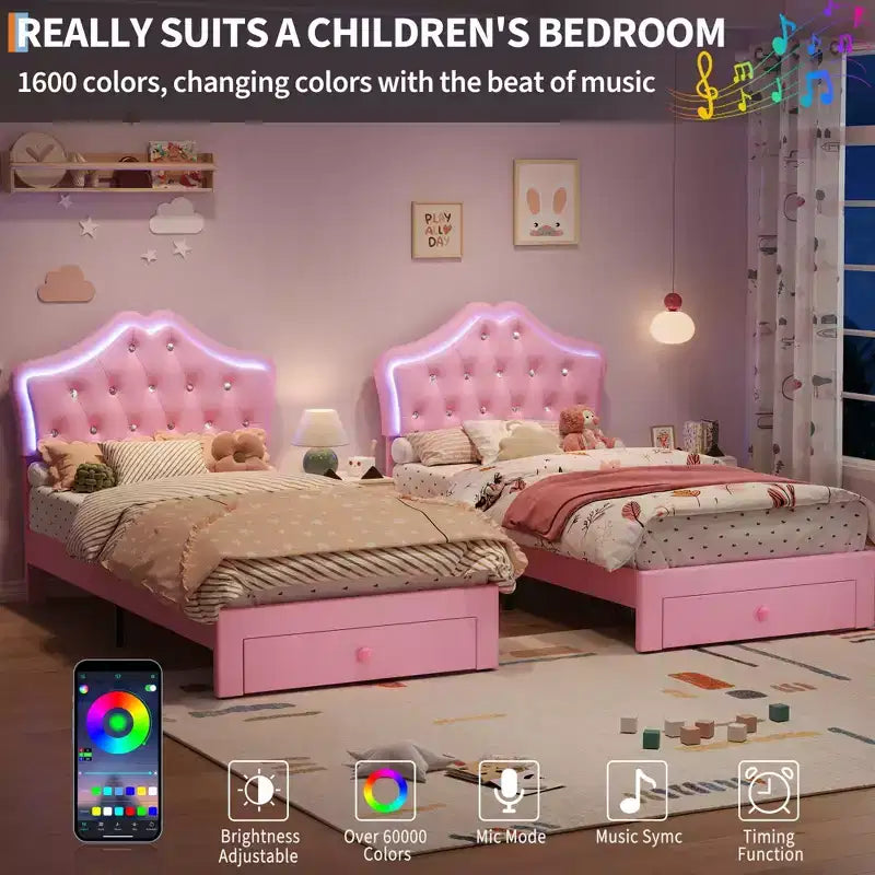 Cadre de lit double avec lumières LED, lit plateforme rembourré avec tiroir de rangement, tête de lit capitonnée en cristal pour enfants, adolescents, lattes anti-bruit