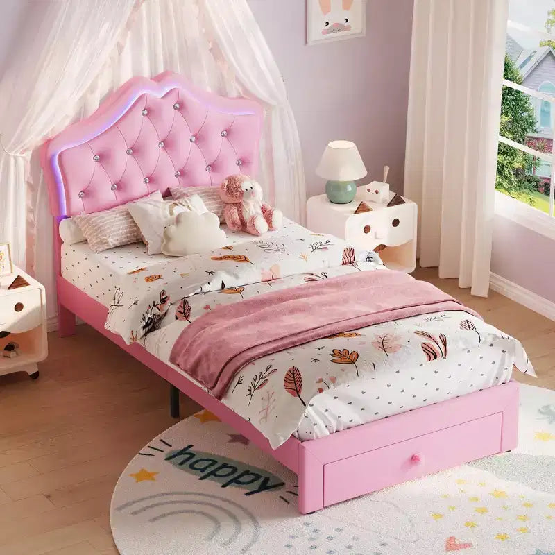 Cadre de lit double avec lumières LED, lit plateforme rembourré avec tiroir de rangement, tête de lit capitonnée en cristal pour enfants, adolescents, lattes anti-bruit
