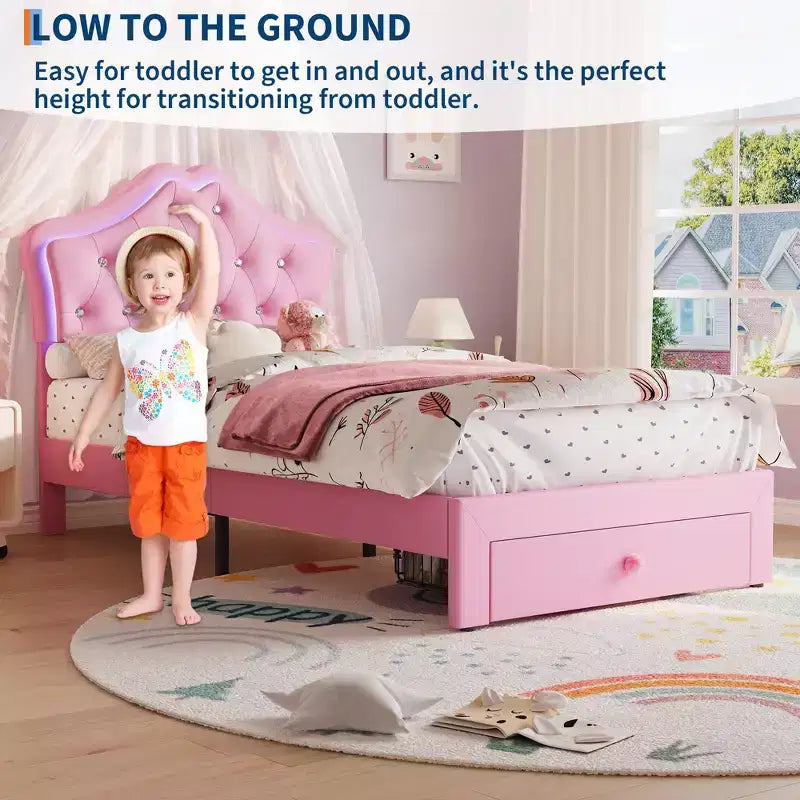 Cadre de lit double avec lumières LED, lit plateforme rembourré avec tiroir de rangement, tête de lit capitonnée en cristal pour enfants, adolescents, lattes anti-bruit